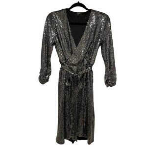 XOXO Black Cocktail Dress With Silver Sequins V-neck & Belted Waist  Size Small